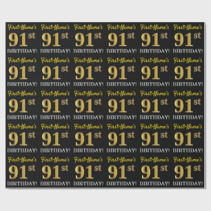 Black, Imitation Gold "91. BIRTHDAY" Geschenkpapier