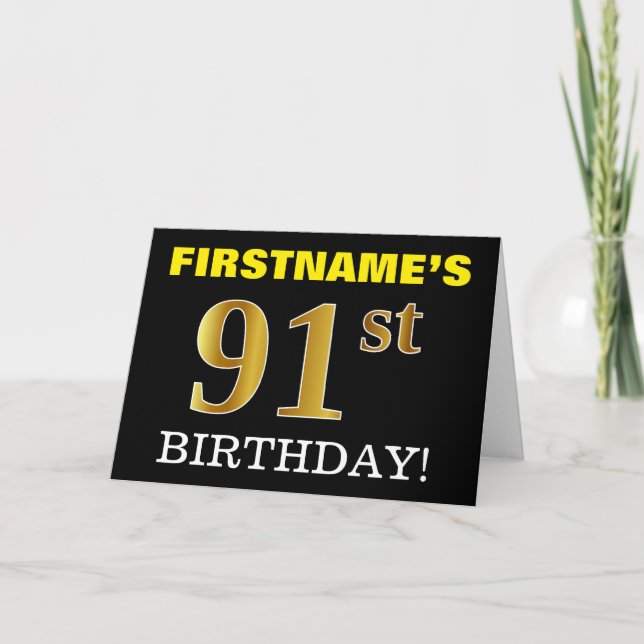Black, Imitation Gold "91. BIRTHDAY" Karte (Vorderseite)