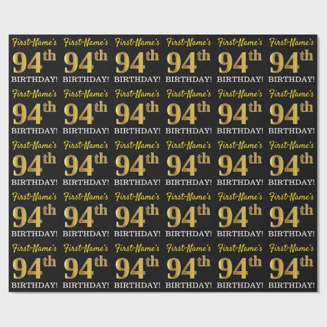 Black, Imitation Gold "94. BIRTHDAY" Geschenkpapier (Flach)
