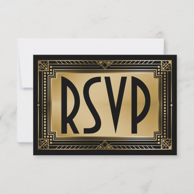 Black & Imitats Gold Gatsby Geometric Wedding RSVP (Vorderseite)