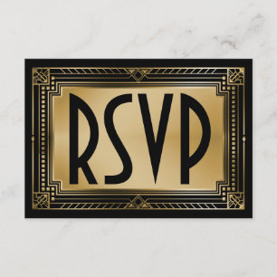 Black & Imitats Gold Gatsby Geometric Wedding RSVP Karte