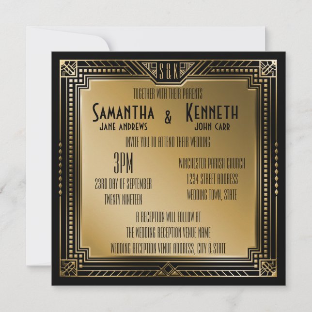 Black & Imitats Gold Great Gatsby Geometric Weddin Einladung (Vorderseite)