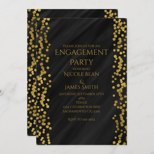 Black & Imitats Gold Moderne Glam Wedding Verlobun Einladung (Vorne/Hinten)