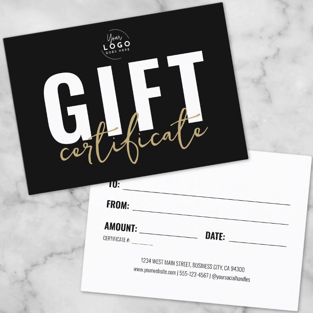Black Imitats Gold Script Business Geschenkgutsche Visitenkarte (Black Faux Gold Script Business Gift Certificate)