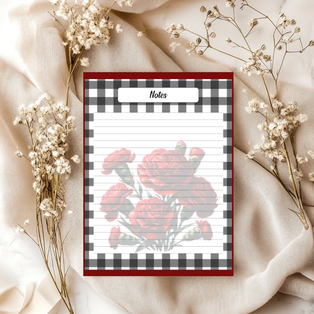 Black in White Floral Gingham _ Notes Notizblock (Von Creator hochgeladen)