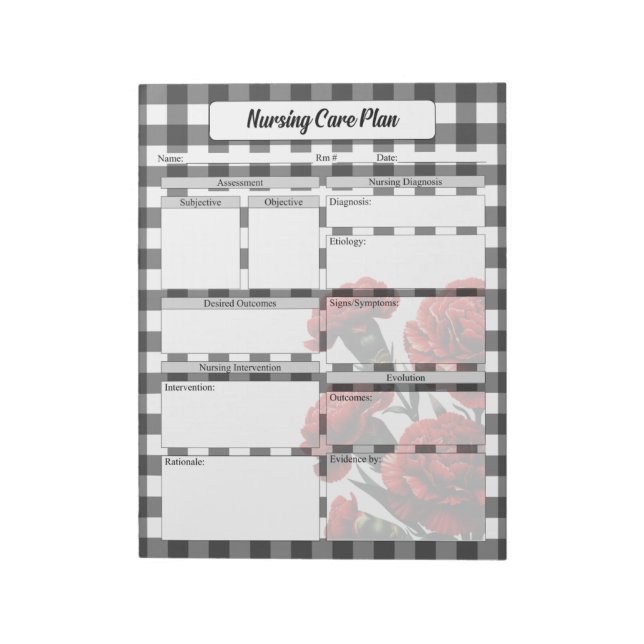 Black in White Floral Gingham_ Pflegeplan Notizblock (Rotiert)