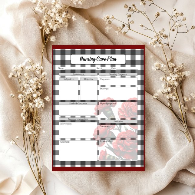 Black in White Floral Gingham_ Pflegeplan Notizblock (Von Creator hochgeladen)