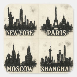 Black Ink City Skylines - New York, Paris, Moskau Quadratischer Aufkleber