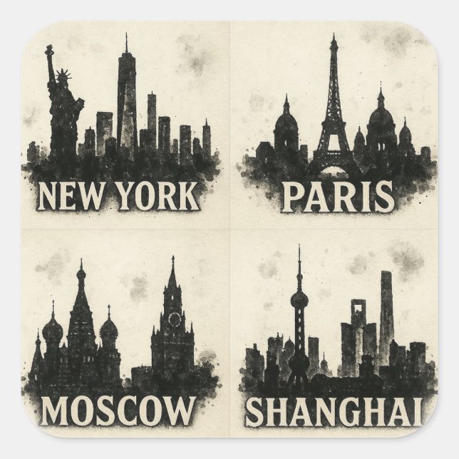 Black Ink City Skylines - New York, Paris, Moskau Quadratischer Aufkleber (Vorderseite)