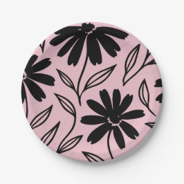 Black Ink Daisies Pink Boho Brautparty Pappteller