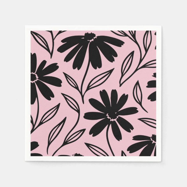 Black Ink Daisies Pink Boho Brautparty Serviette (Vorderseite)