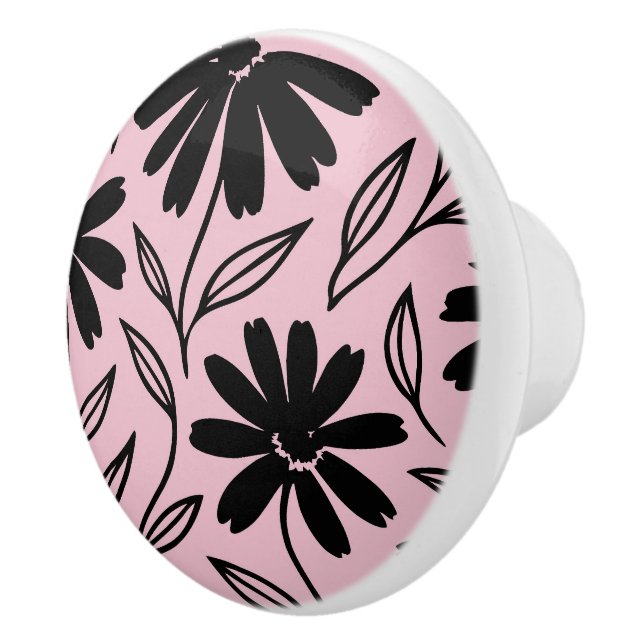 Black Ink Daisies Pink Boho Keramikknauf (Rechts)