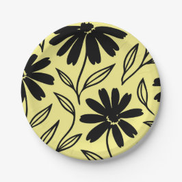 Black Ink Daisies Yellow Boho Brautparty Pappteller