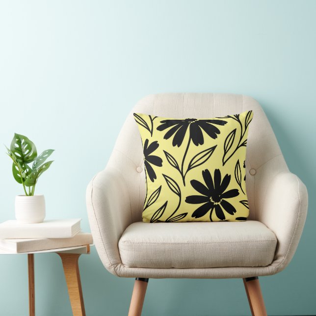 Black Ink Daisies Yellow Boho Kissen (Stuhl )