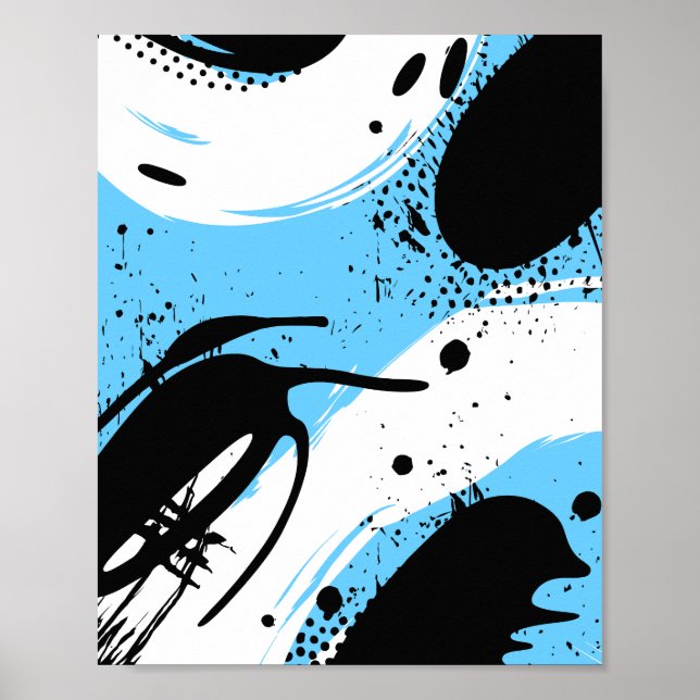 Black Ink Splashes on a Blue & White Background Poster (Vorne)