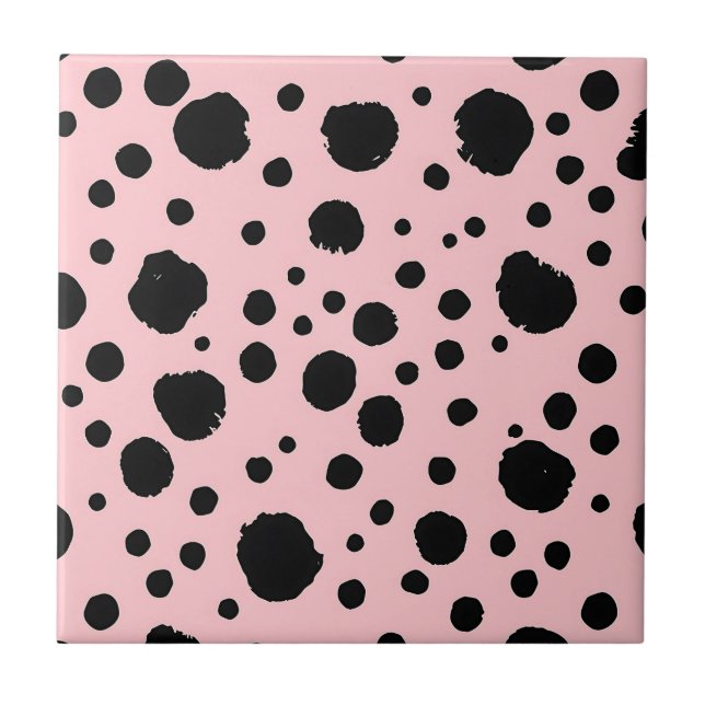 Black Ink Spots Pink Polka Pattern Fliese (Vorderseite)