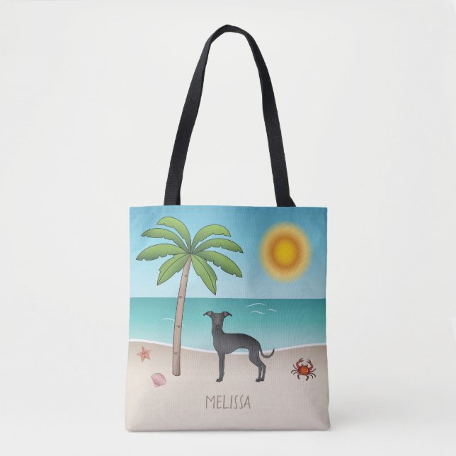 Black Italian Greyhound am Tropical Summer Beach (Vorderseite)