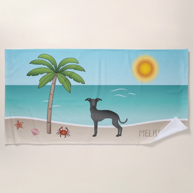 Black Italian Greyhound at Tropical Summer Beach - Strandtuch (Vorderseite)