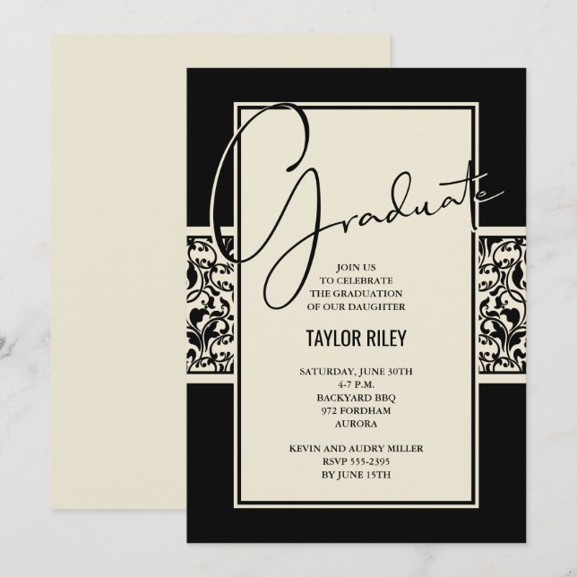 Black Ivory Abschluss Damask Einladung (Vorne/Hinten)