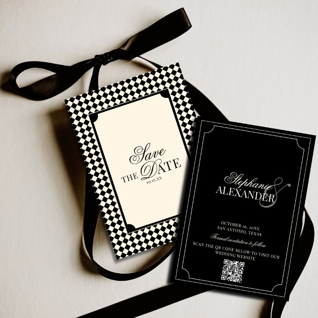 Black & Ivory Checkered Old Money QR Code Wedding Save The Date (Von Creator hochgeladen)