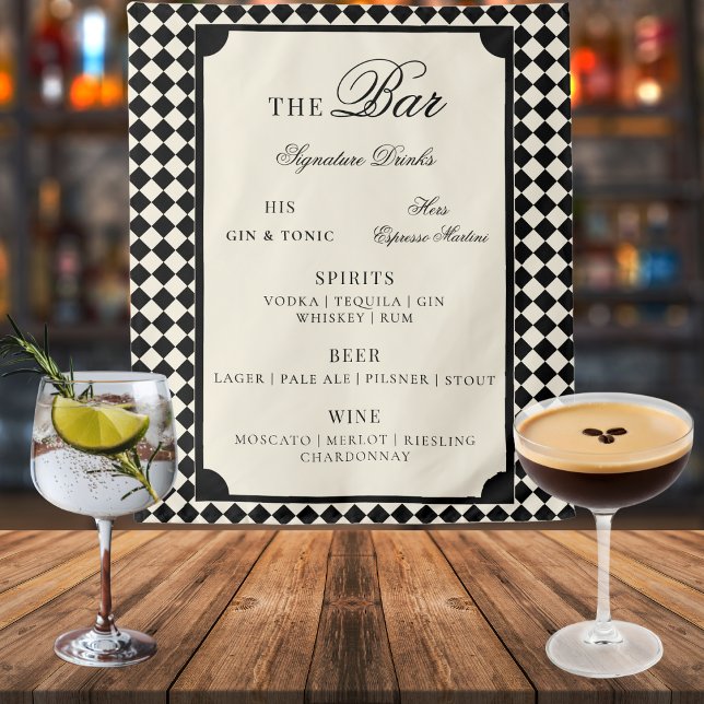 Black Ivory Checks Old Money Wedding Bar Menu Sign Wandteppich (Von Creator hochgeladen)