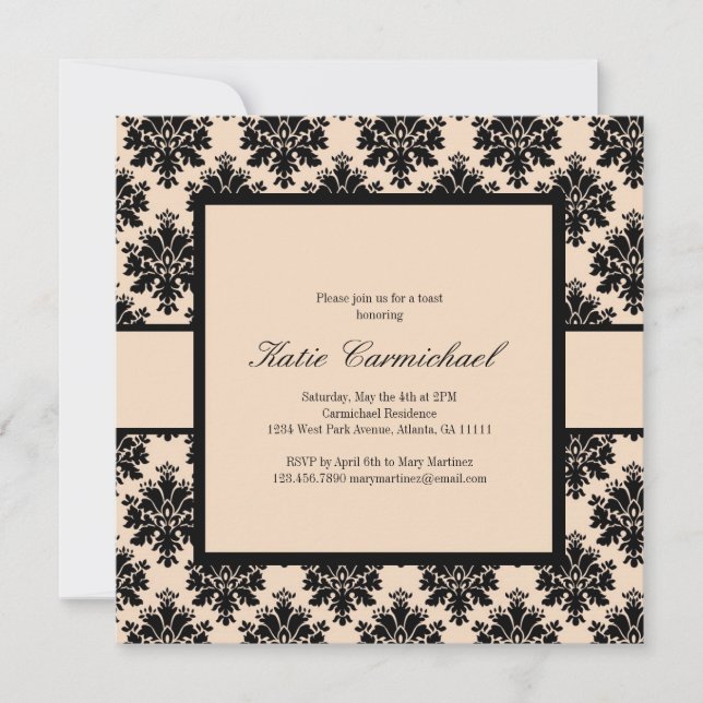 Black & Ivory Damask Einladung (Vorderseite)