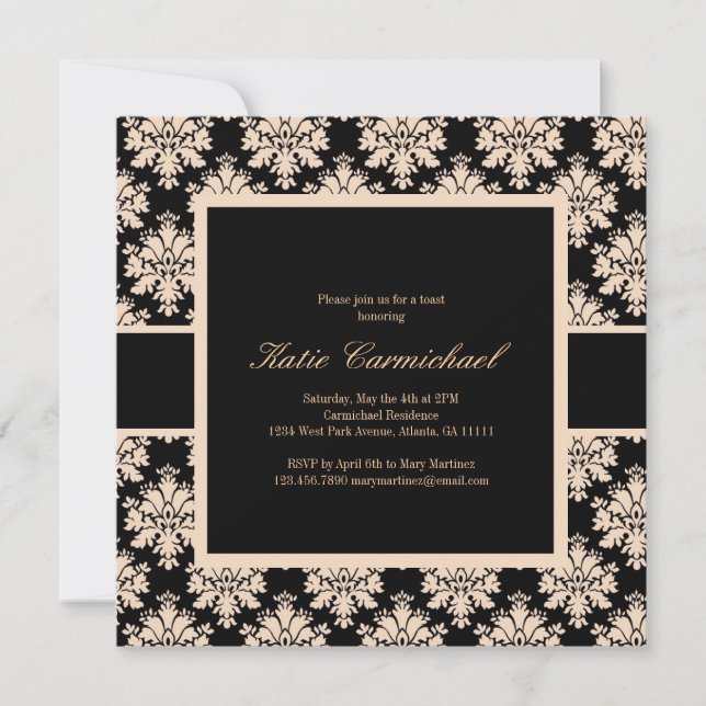 Black & Ivory Damask Einladung (Vorderseite)
