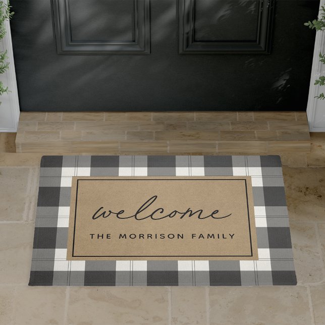 Black & Ivory Karierter Personalisierter Empfang Fußmatte (Von Creator hochgeladen)