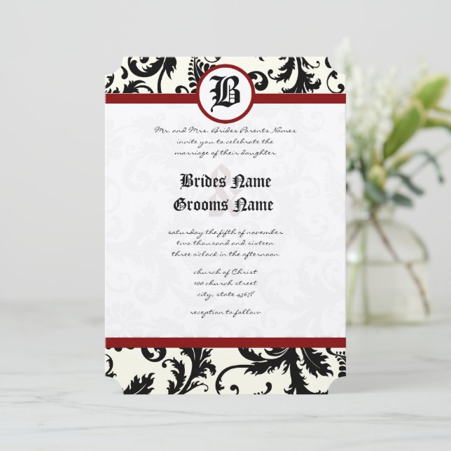 Black Ivory & Maroon Damask Wedding Einladung (Stehend Vorderseite)