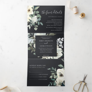 BLACK IVORY WHITE FLORAL WATERCOLOR BUNCH WEDING DREIFACH GEFALTETE EINLADUNG