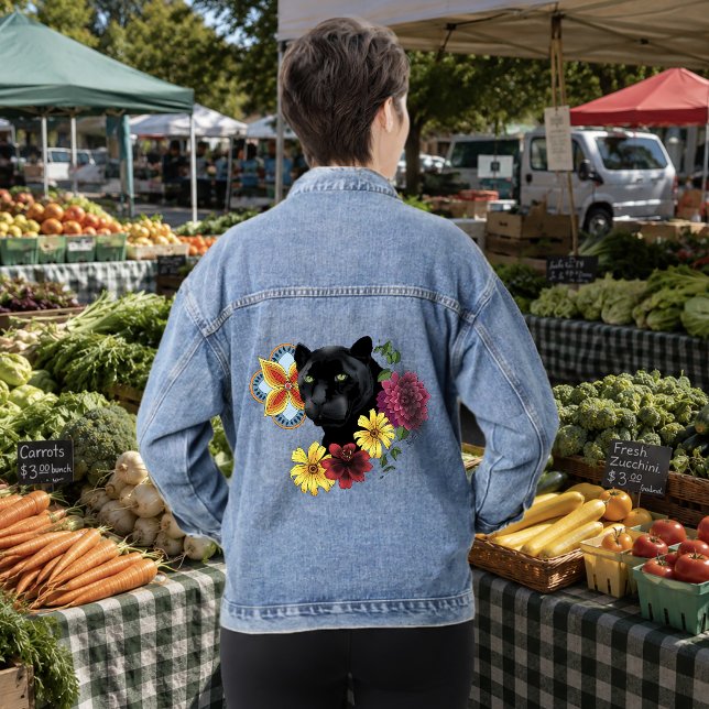 Black Jaguar Portrait Blume Jeansjacke (Von Creator hochgeladen)