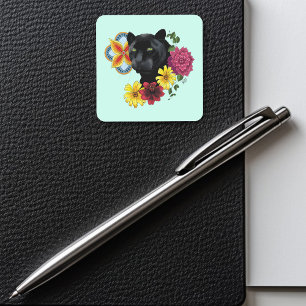 Black Jaguar Portrait Blume Quadratischer Aufkleber