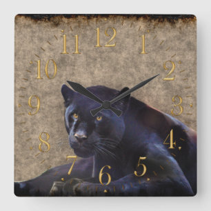 Black Jaguar, Rustic Grunge BG Wildlife Wall Clock Quadratische Wanduhr