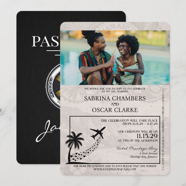 Black Jamaica Passport Hochzeitseinladung Einladung (Vorne/Hinten)