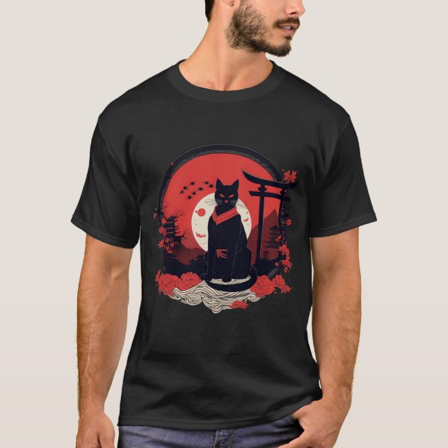 Black Japanese Cat T - Shirt (Vorderseite)