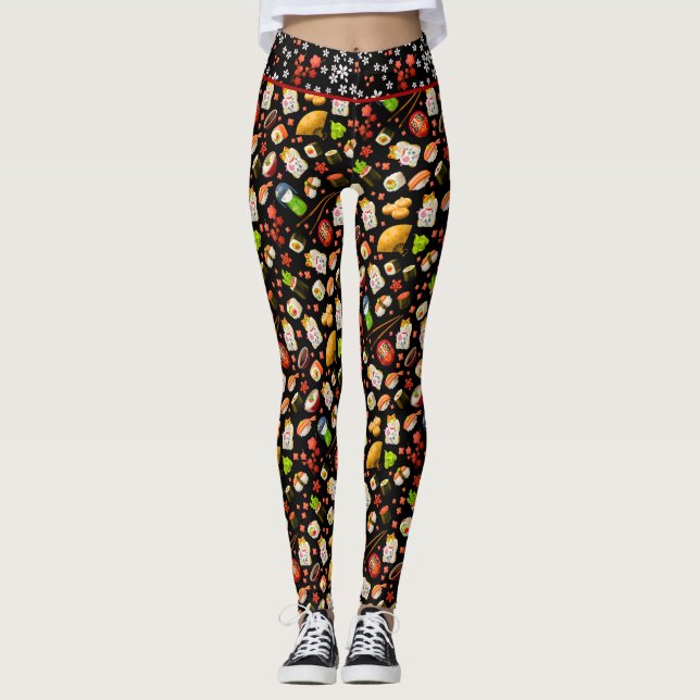 Black Japanese Maneki Neko Cat und Sushi Leggings (Vorderseite)