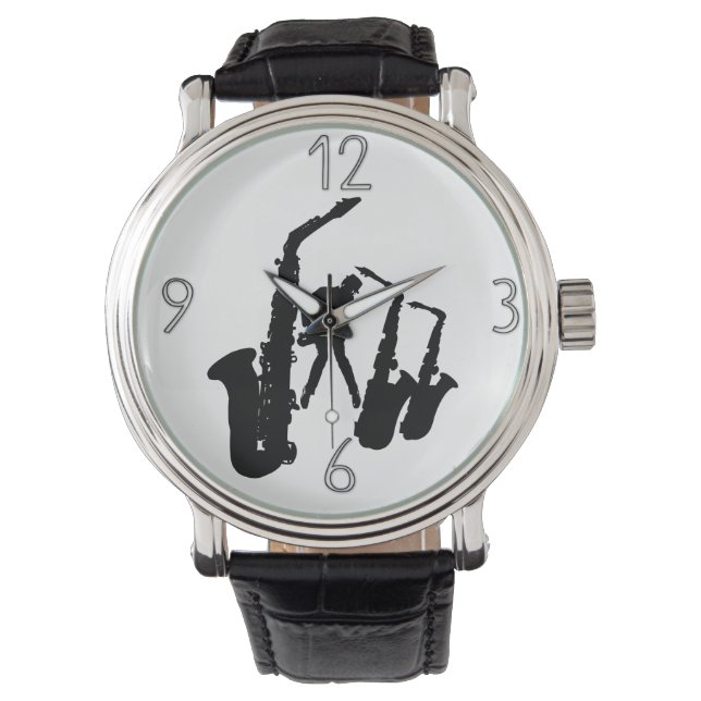 Black Jazz Sax Jazzman Moderne Zahlen beobachten Armbanduhr (Vorderseite)