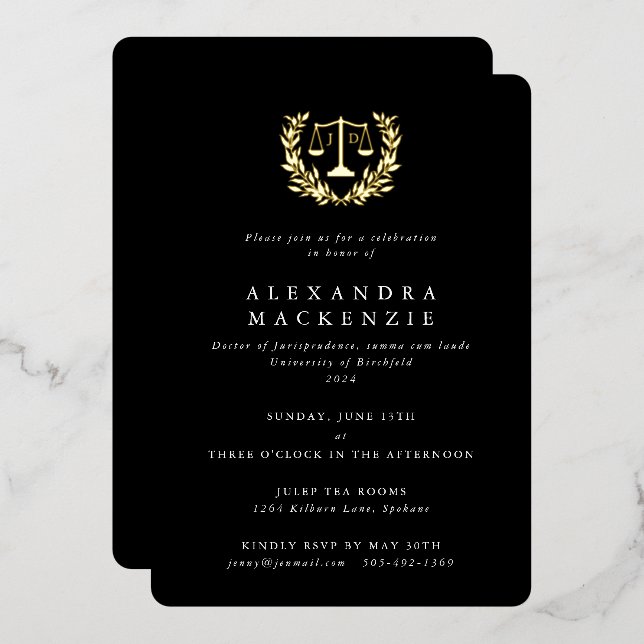 Black JD Law Scales+Laurel Wreath Graduation Party Folieneinladung (Vorderseite/Rückseite)