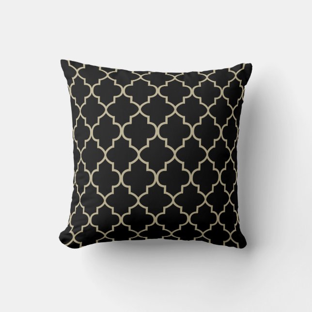 Black & Khaki Quatrefoliendesign Kissen (Vorderseite)