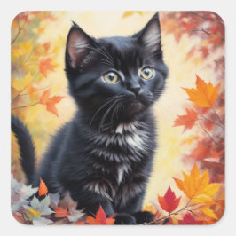 Black Kitten Autumn Scene Flat Card Quadratischer Aufkleber