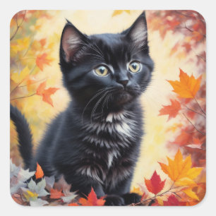 Black Kitten Autumn Scene Flat Card Quadratischer Aufkleber