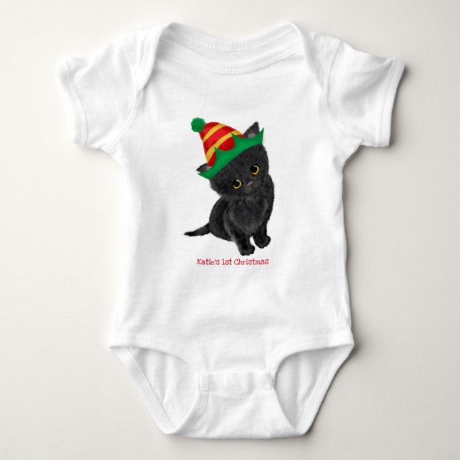 Black-Kitten-Babys 1. Weihnachts-personalisierter  Baby Strampler (Vorderseite)