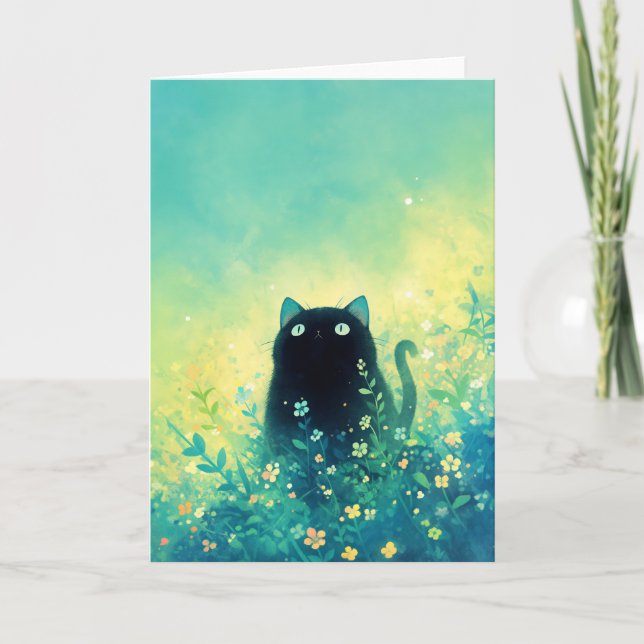 Black Kitten Floral Fantasy Karte (Vorderseite)