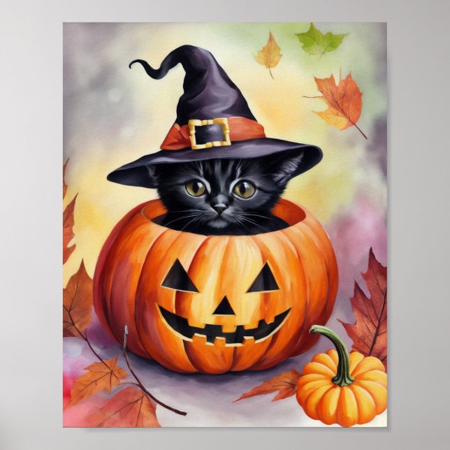 Black Kitten Halloween Pumpkin Hexenhut Poster (Vorne)