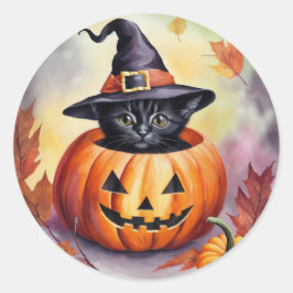 Black Kitten Halloween Pumpkin Hexenhut Runder Aufkleber