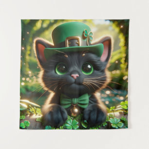Black Kitten in Green St. Patrick's Day Attraktion Wandteppich