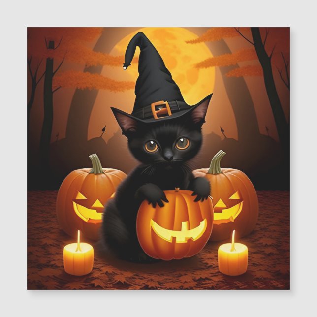 Black Kitten in Hexenhut Amid Halloween Pumpkins Magnetkarte (Vorderseite)