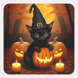 Black Kitten in Hexenhut Amid Halloween Pumpkins Quadratischer Aufkleber