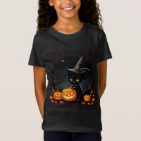 Black Kitten in Hexenhut Amid Halloween Pumpkins