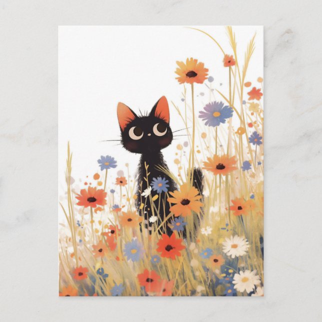 Black Kitten in Orange and Blue Wildflower Meadow Postkarte (Vorderseite)